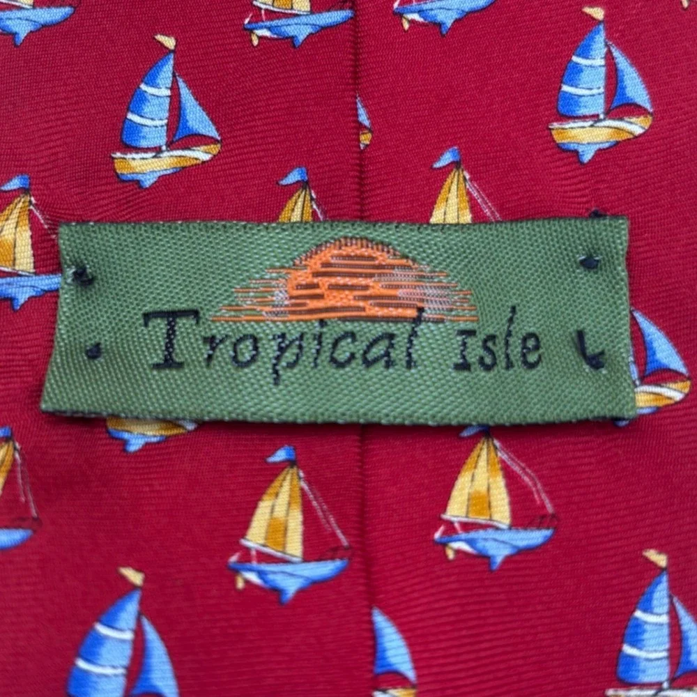Tropical Isle Mens Silk Tie Red Nautical Sailboat Preppy Coastal Yacht Club 4